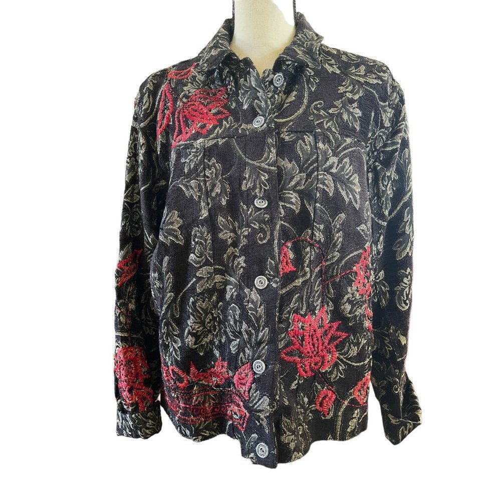 CHICOS Black Red Embroidered Blazer Jacket Career Women Size L Chico Size 2